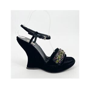 Prada Fall 2004 Runway Black Velvet Crystal Embellished Wedge Sandals IT 37